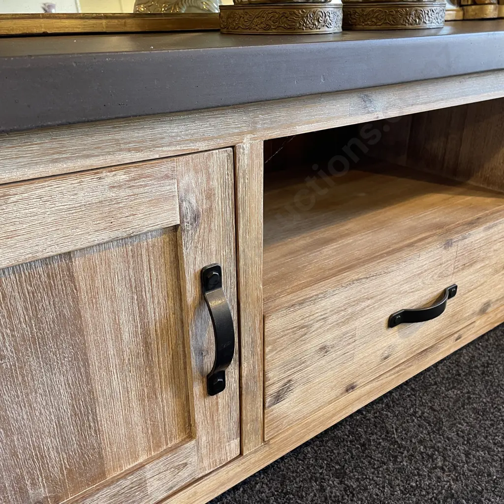 Modernist Rustic Blonde Washed Solid Wood Entertainment Unit with Solid Polished Concrete top. Image 1++