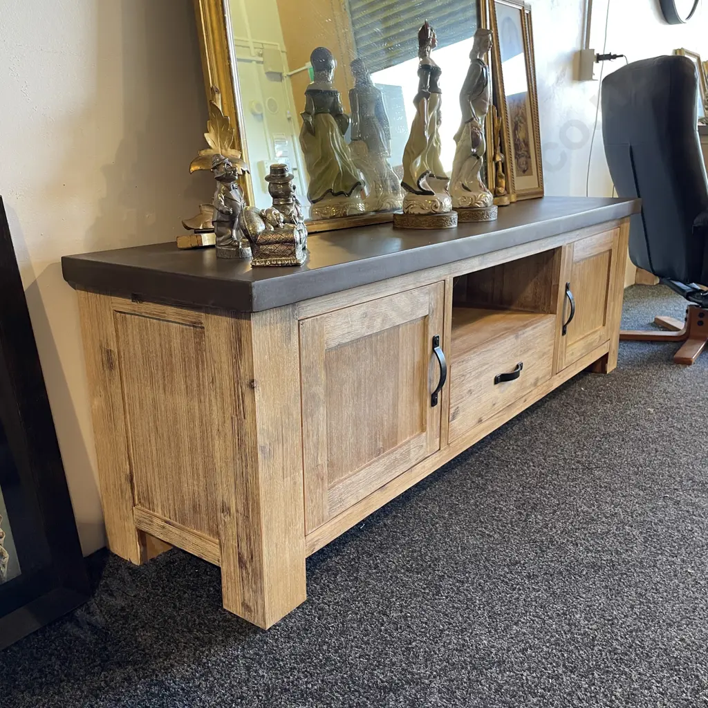 Modernist Rustic Blonde Washed Solid Wood Entertainment Unit with Solid Polished Concrete top. Image 1++