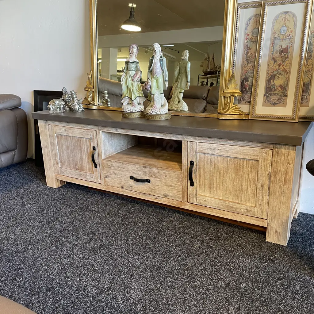 Modernist Rustic Blonde Washed Solid Wood Entertainment Unit with Solid Polished Concrete top. Image 1++