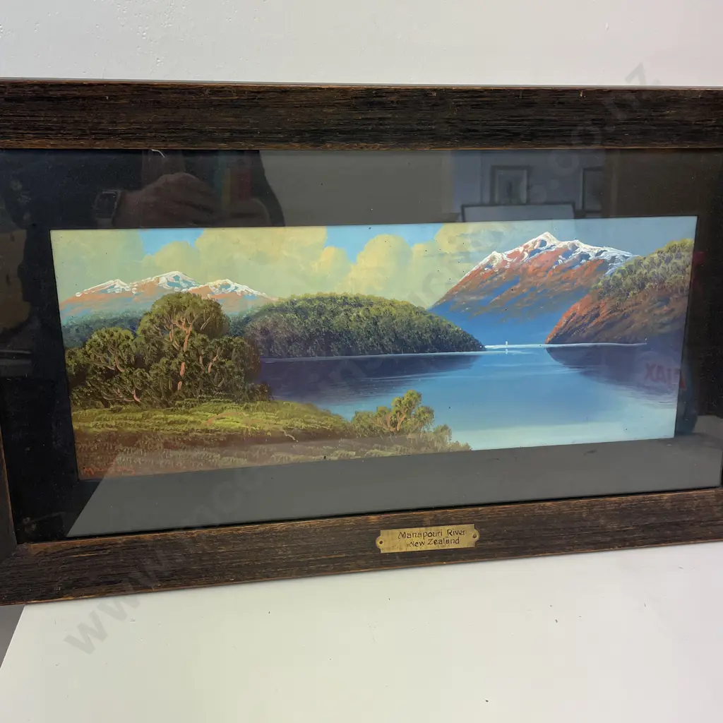 Original Wood Framed Artwork. Signed M. Vinters. Titled with brass plaque "Manapouri River New Zealand". 68 x 38cm total Image 1++