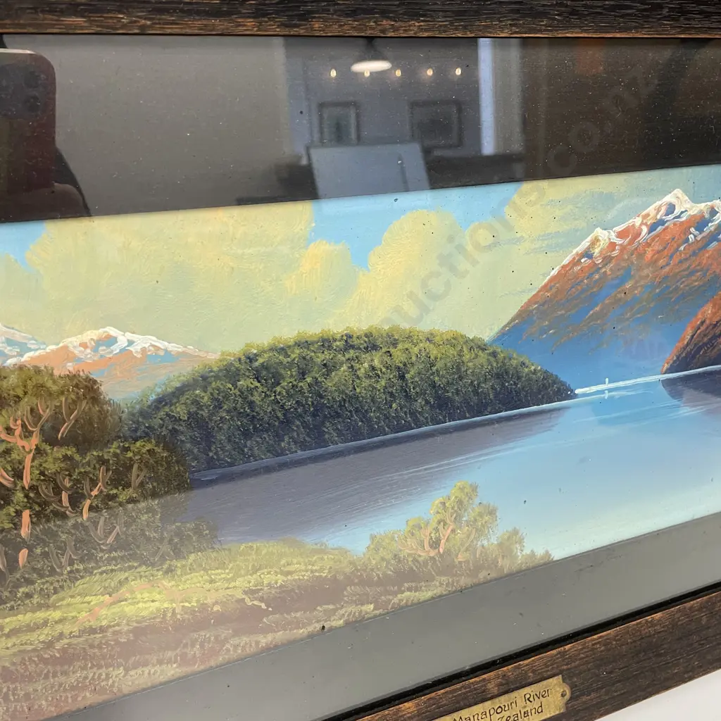 Original Wood Framed Artwork. Signed M. Vinters. Titled with brass plaque "Manapouri River New Zealand". 68 x 38cm total Image 1++