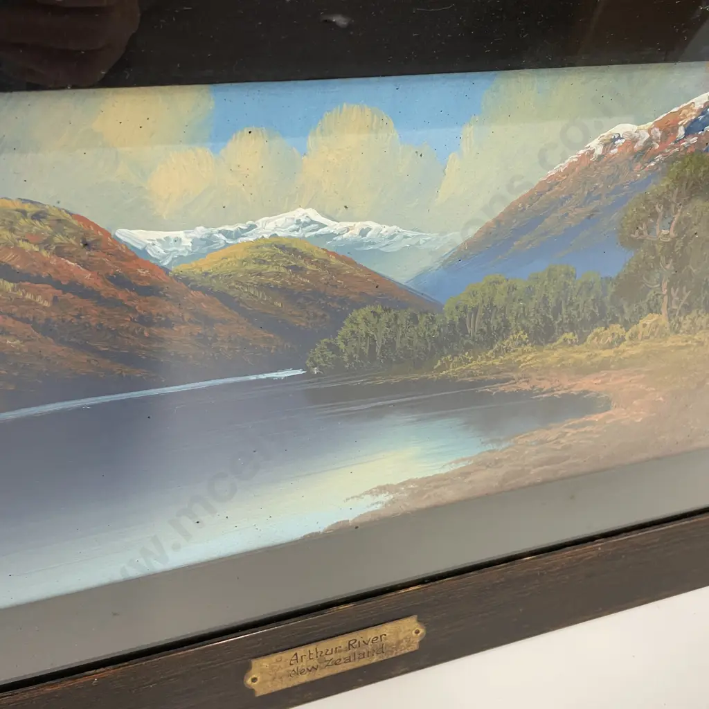Original Wood Framed Artwork. Signed M. Vinters. Titled (with brass plaque) "Arthur River New Zealand". 68 x 38cm total Image 1++
