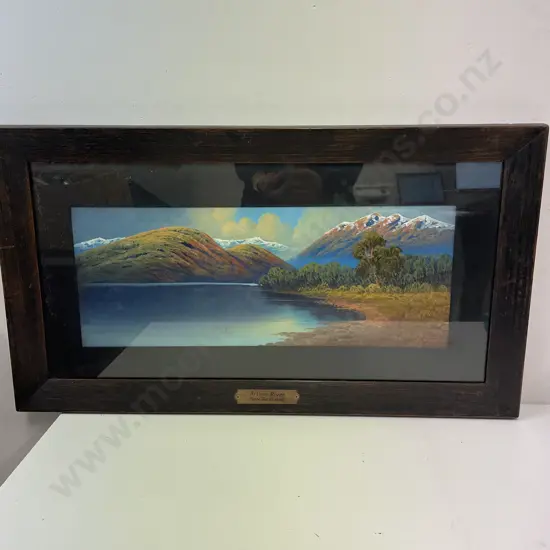 Original Wood Framed Artwork. Signed M. Vinters. Titled (with brass plaque) "Arthur River New Zealand". 68 x 38cm total