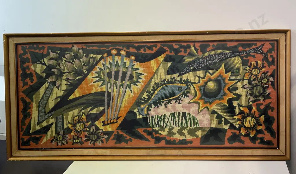 Large Mid Century Style framed and glazed Tapestry. Fish, flower and sunburst themed. 125 x 57cm Image 1++