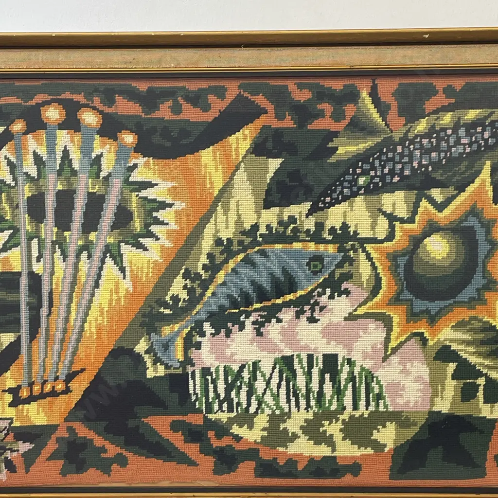 Large Mid Century Style framed and glazed Tapestry. Fish, flower and sunburst themed. 125 x 57cm Image 1++