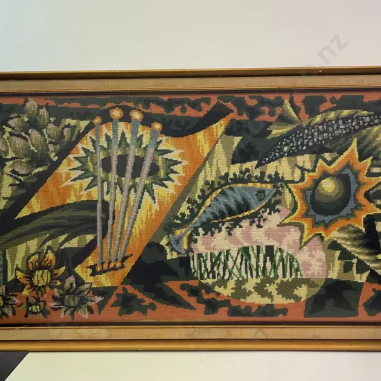 Large Mid Century Style framed and glazed Tapestry. Fish, flower and sunburst themed. 125 x 57cm