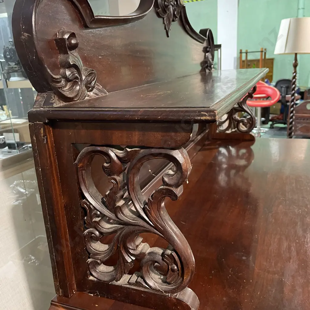 Stunning Solid Mahogany 2 Piece Buffet/Chiffonier. Carved Mantel, 2 Door, 2 Drawer. H160 W125 D52cm Image 1++