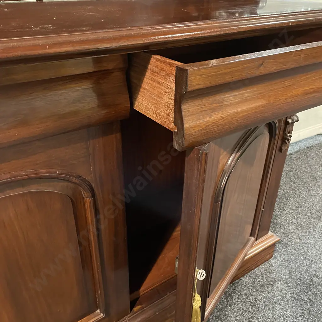 Stunning Solid Mahogany 2 Piece Buffet/Chiffonier. Carved Mantel, 2 Door, 2 Drawer. H160 W125 D52cm Image 1++