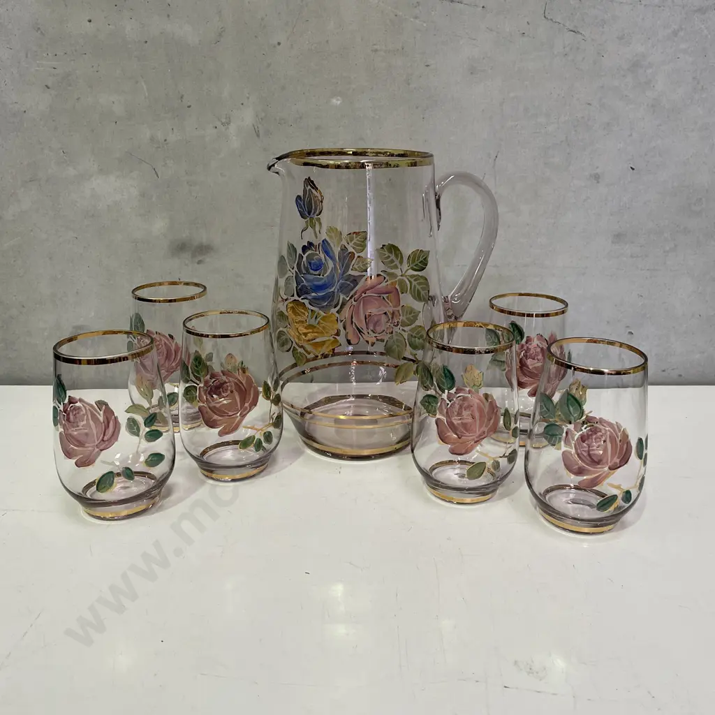 Vintage 7 pce Water Set with gilded rims and handpainted rose/flower decoration Image 1++