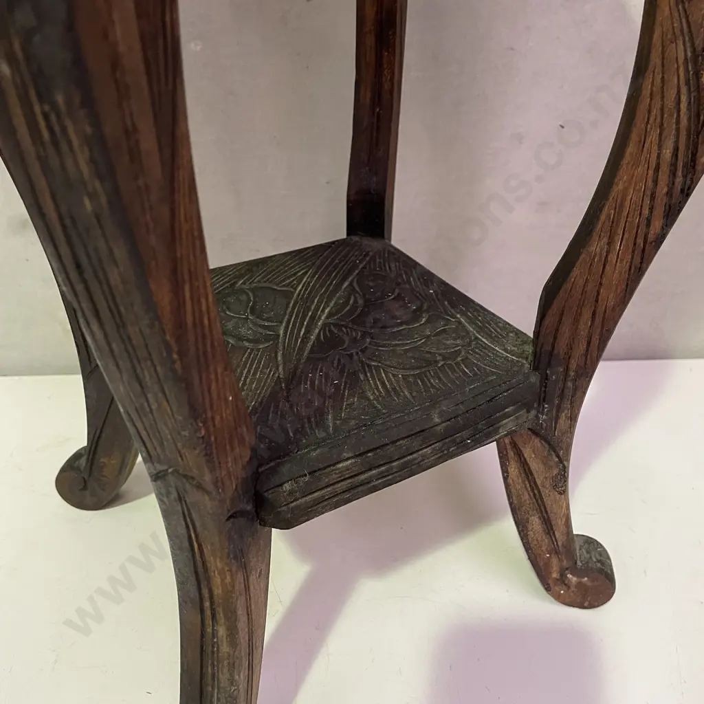 Vintage Stained Kauri Arts and Crafts Occasional Table. Carved flax and floral decoration. Image 1++
