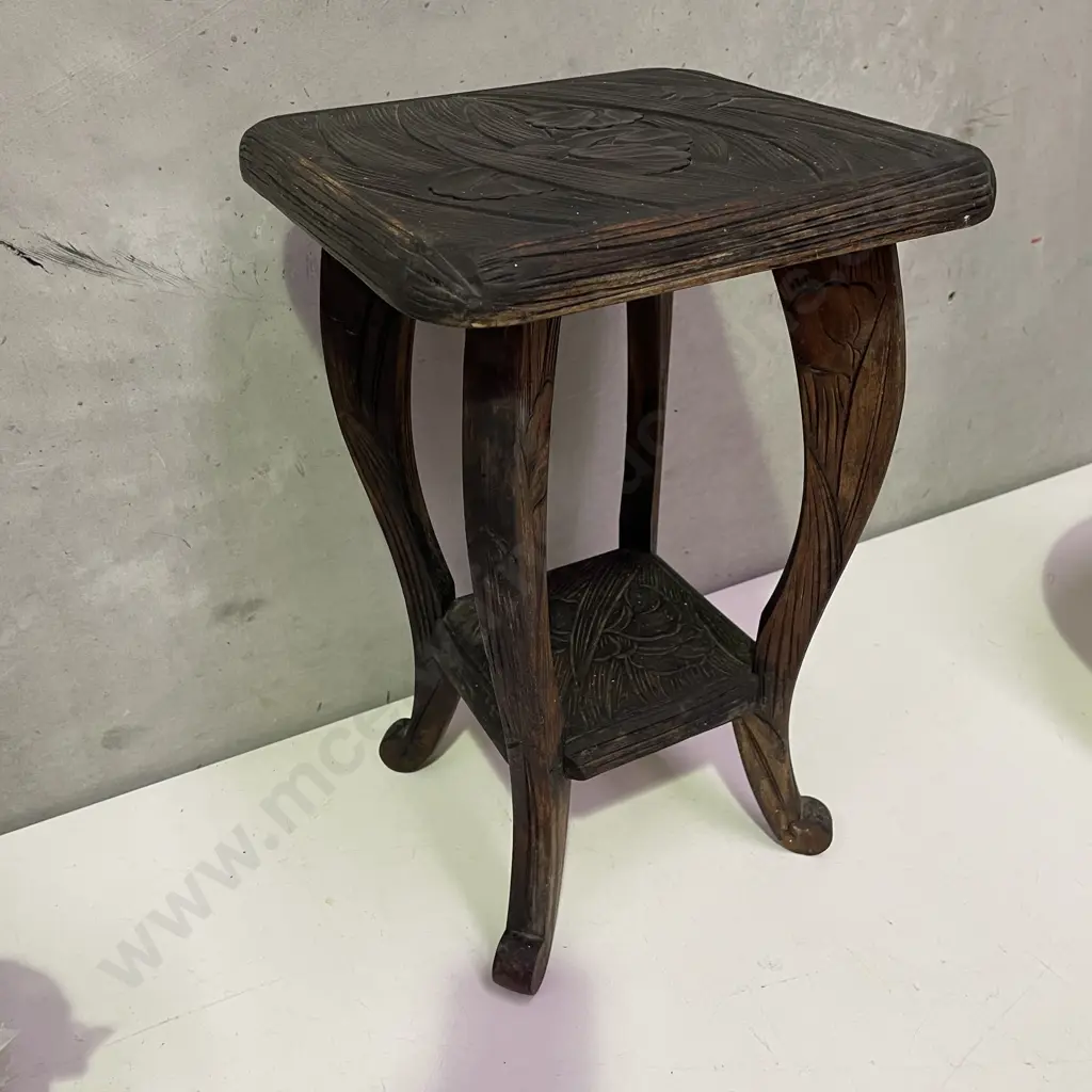 Vintage Stained Kauri Arts and Crafts Occasional Table. Carved flax and floral decoration. Image 1++