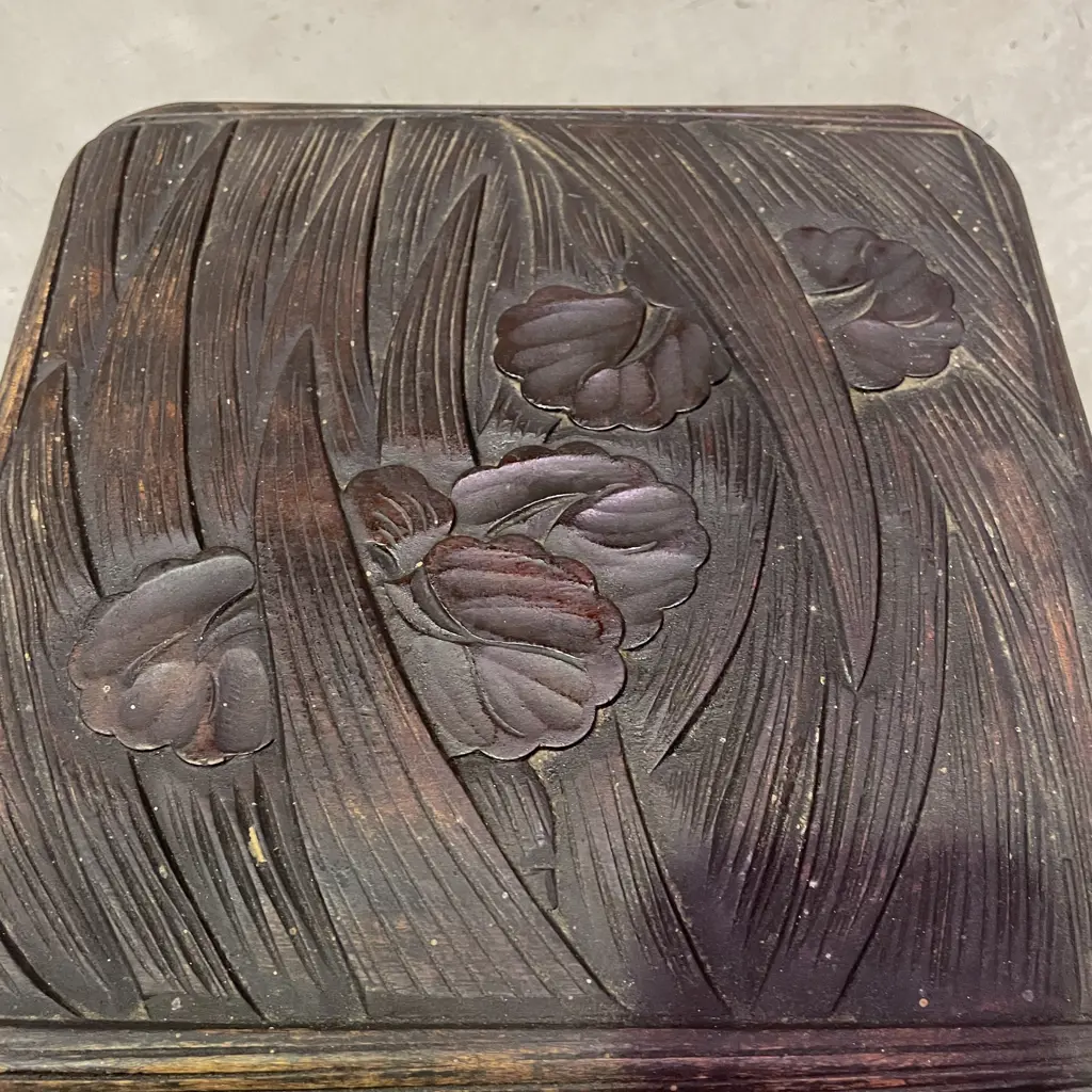 Vintage Stained Kauri Arts and Crafts Occasional Table. Carved flax and floral decoration. Image 1++