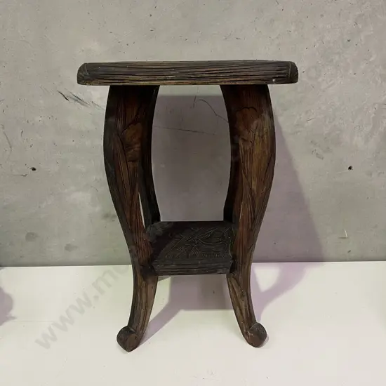 Vintage Stained Kauri Arts and Crafts Occasional Table. Carved flax and floral decoration.