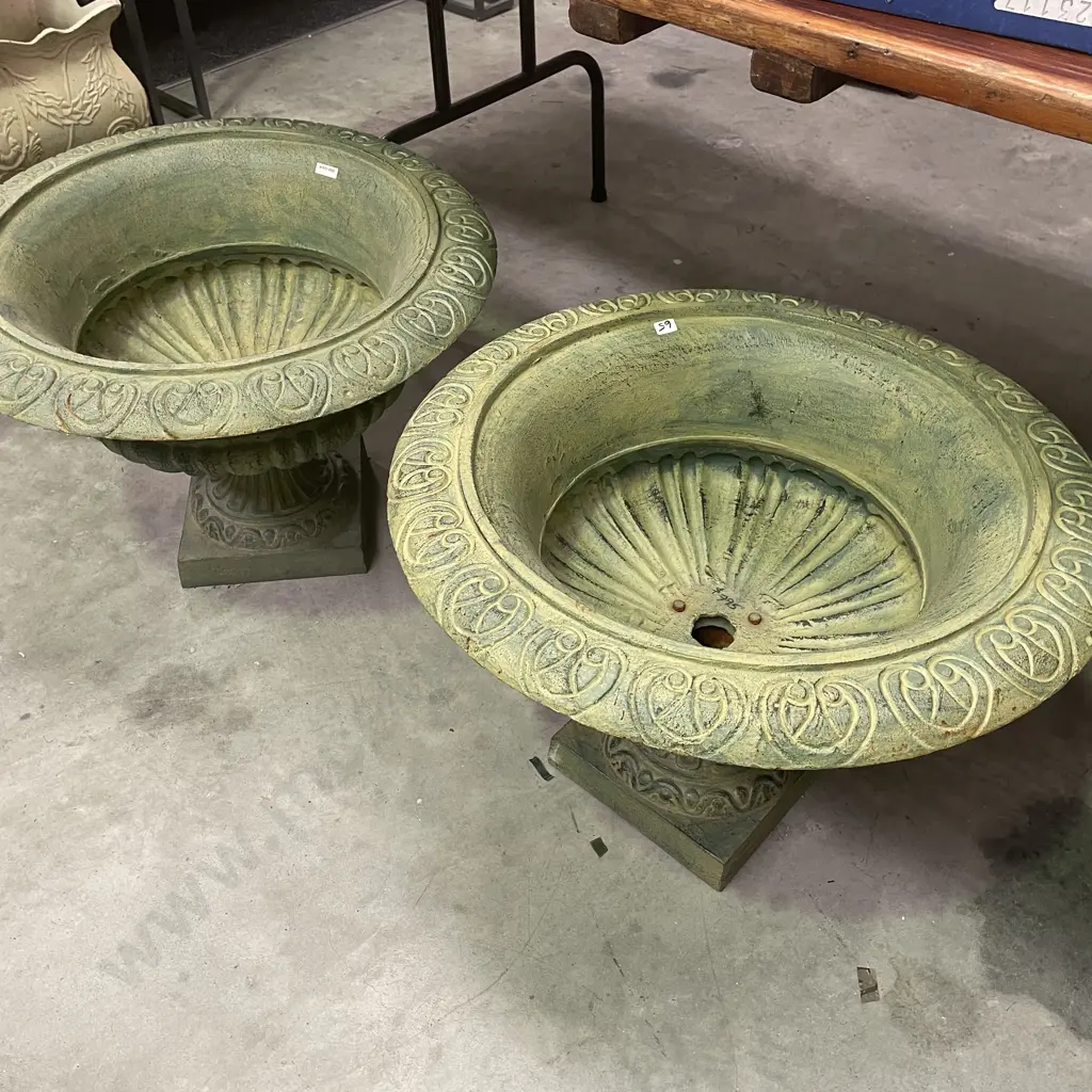 Pair of Cast Iron Round French Classical Style Ornate Planters, Italian Verdigris, 45 x 63cm, 41Kg Image 1++