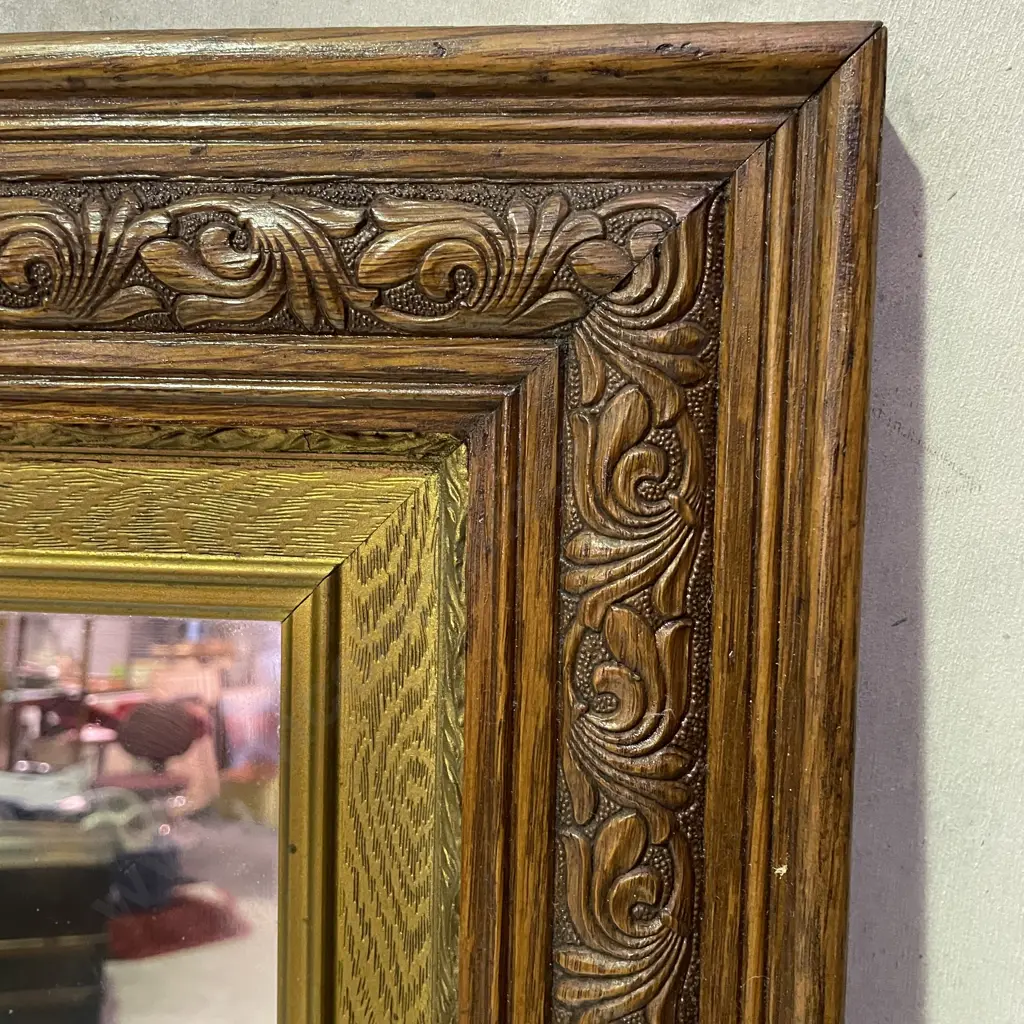 Antique Ornately Carved Oak and Gilt Framed Mirror. 60 x 73cm Image 1++