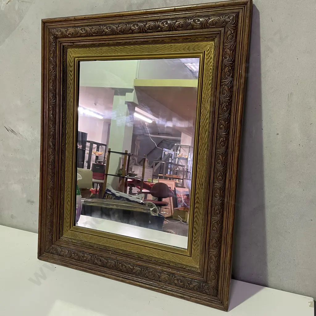 Antique Ornately Carved Oak and Gilt Framed Mirror. 60 x 73cm Image 1++