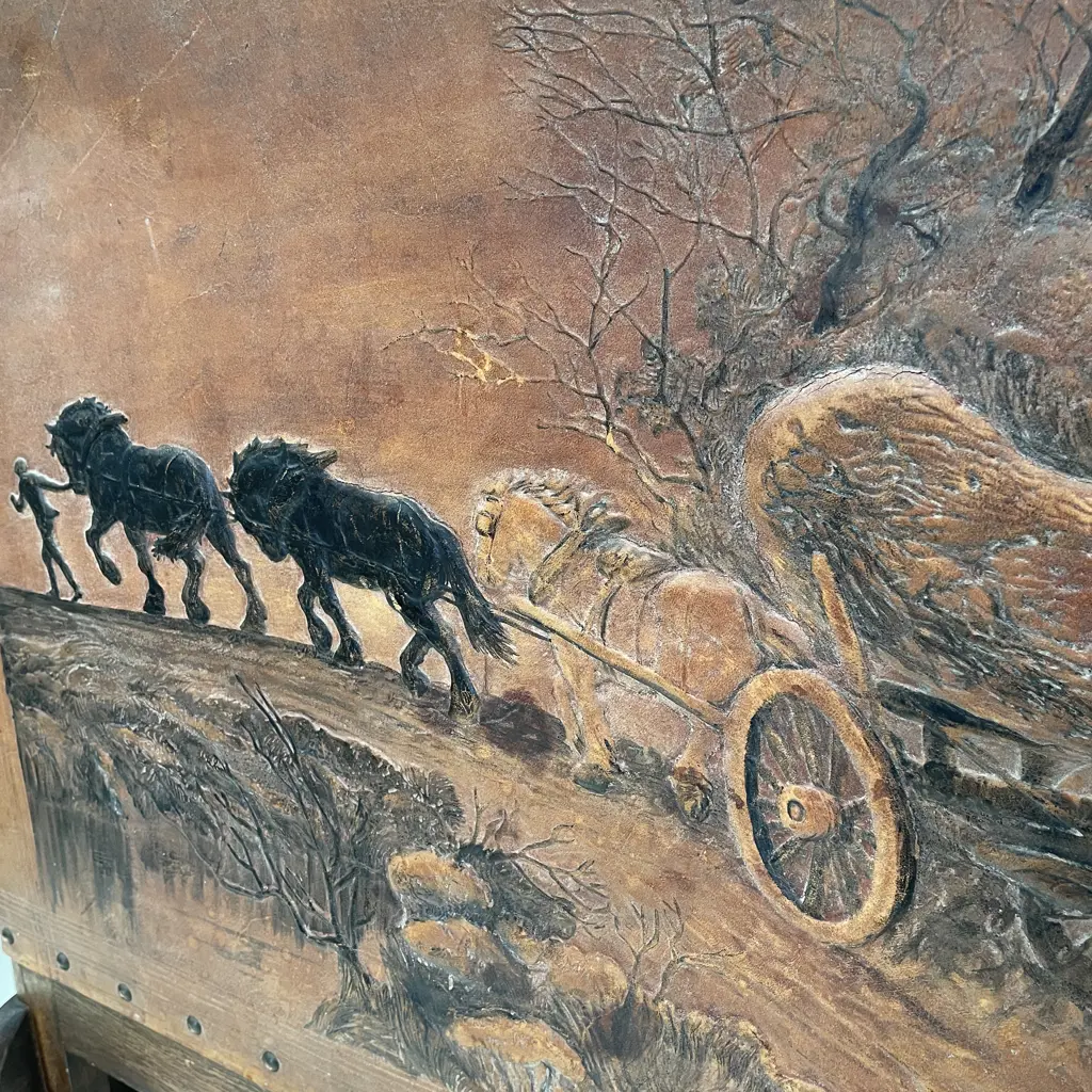 Oak Framed and Tooled Leather Fire Screen. H71 W76cm Image 1++