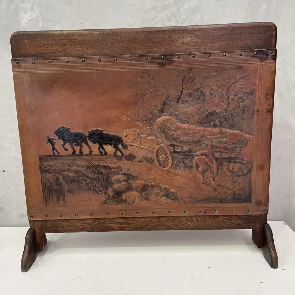 Oak Framed and Tooled Leather Fire Screen. H71 W76cm Image 1++