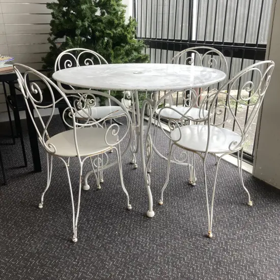 White French Style Round Table And Four Armed Chairs, 75 x 97cm