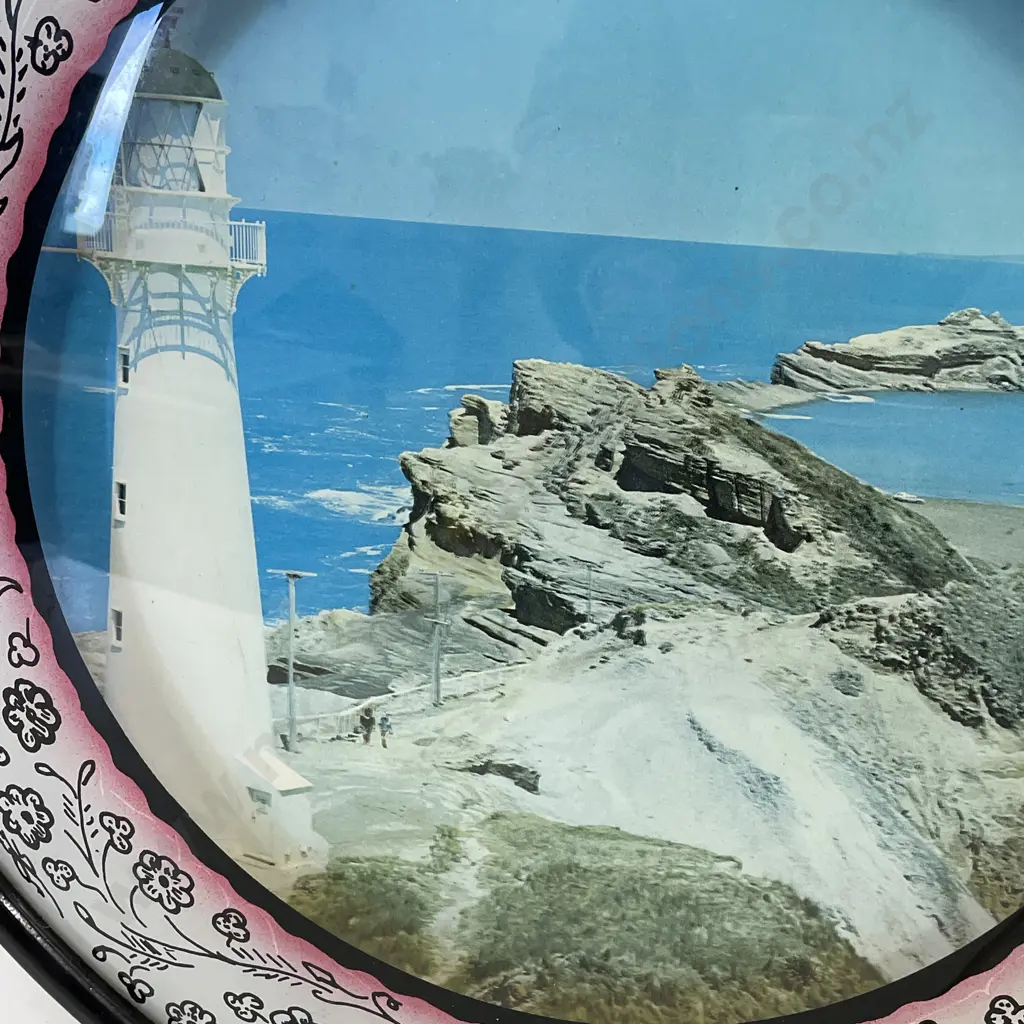 Vintage Bennett Mirror and Glass Coy Wall Hung Light with NZ Scene of Cape Regina. D34cm. Working Image 1++