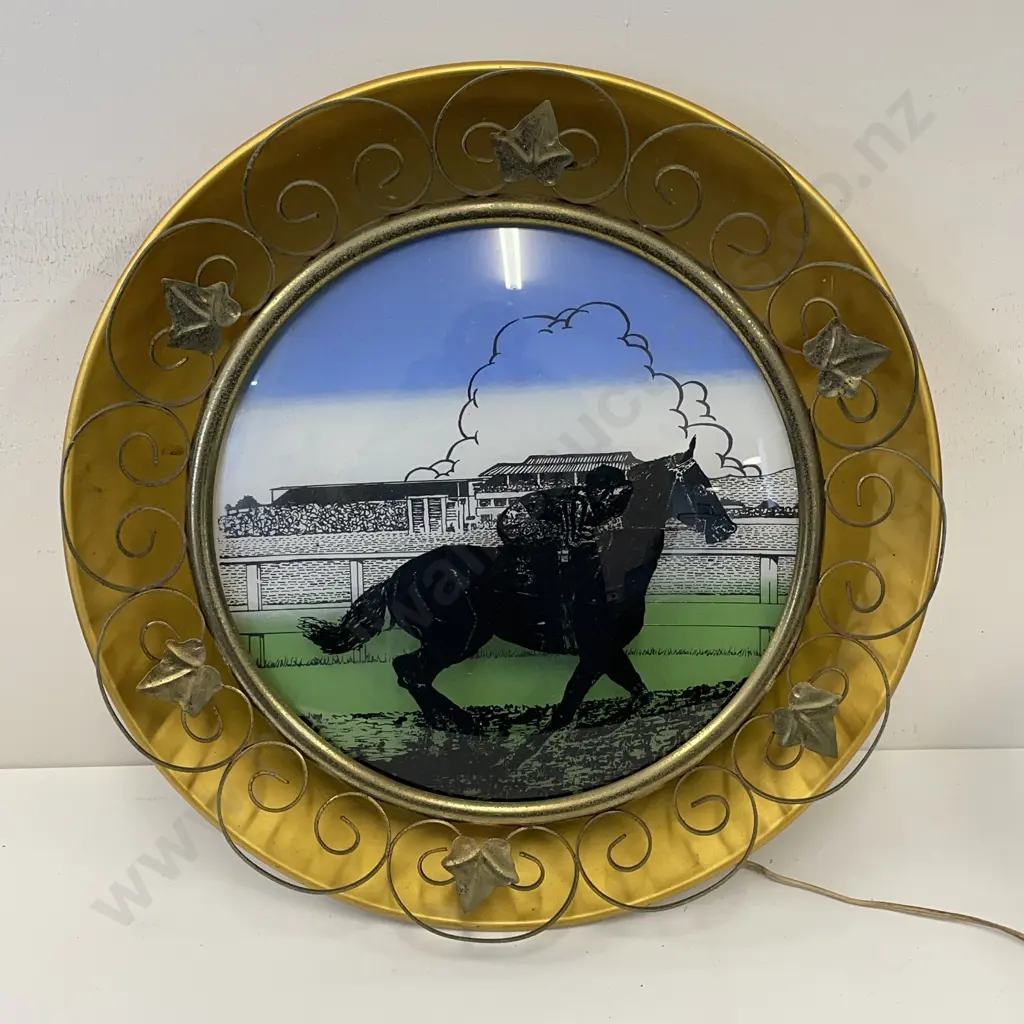 Funky Mid Century Wall Hung Light with Andodised frame and ornate border, racing scene. Dia 42cm. Working Image 1++