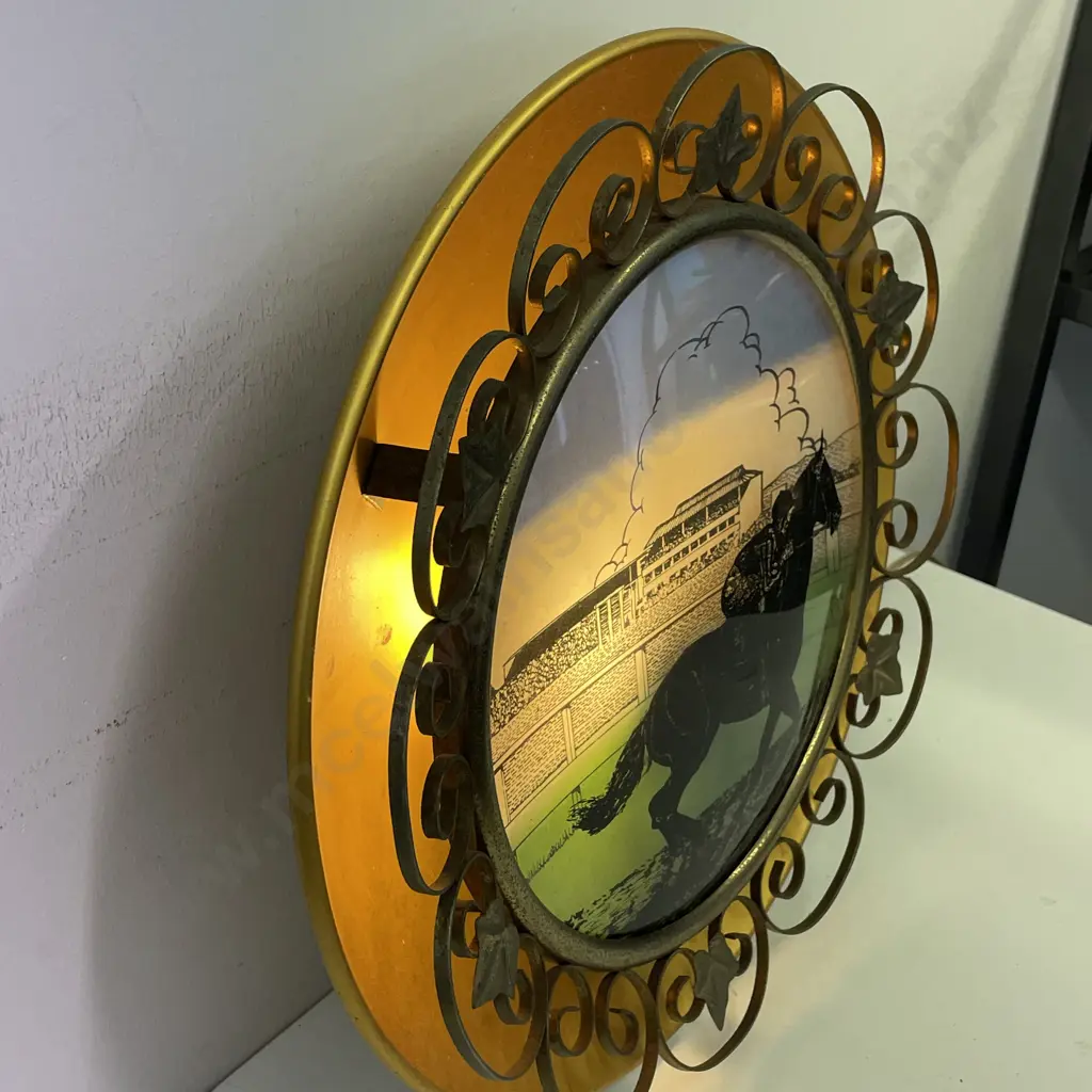 Funky Mid Century Wall Hung Light with Andodised frame and ornate border, racing scene. Dia 42cm. Working Image 1++