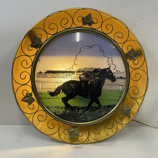 Funky Mid Century Wall Hung Light with Andodised frame and ornate border, racing scene. Dia 42cm. Working