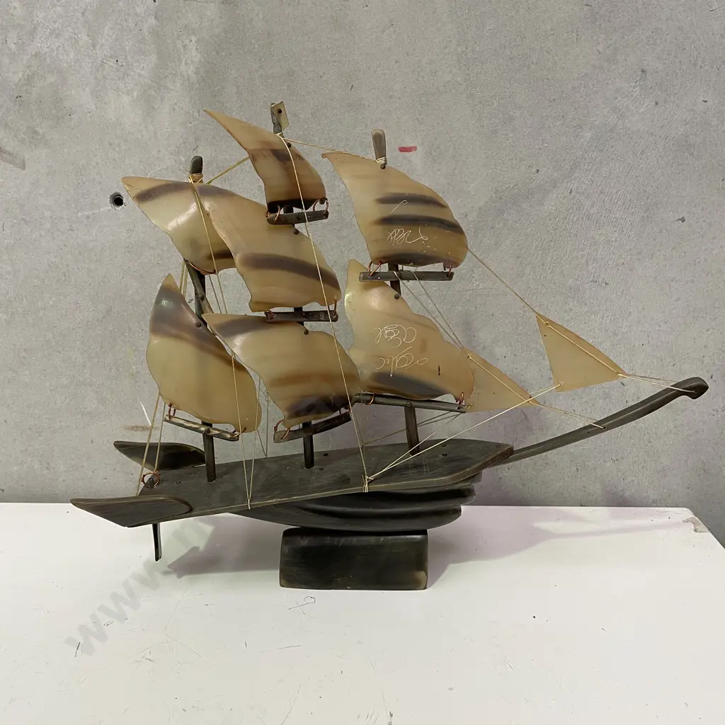Vintage Carved Horn Sailing Ship. L36 H29cm Image 1++