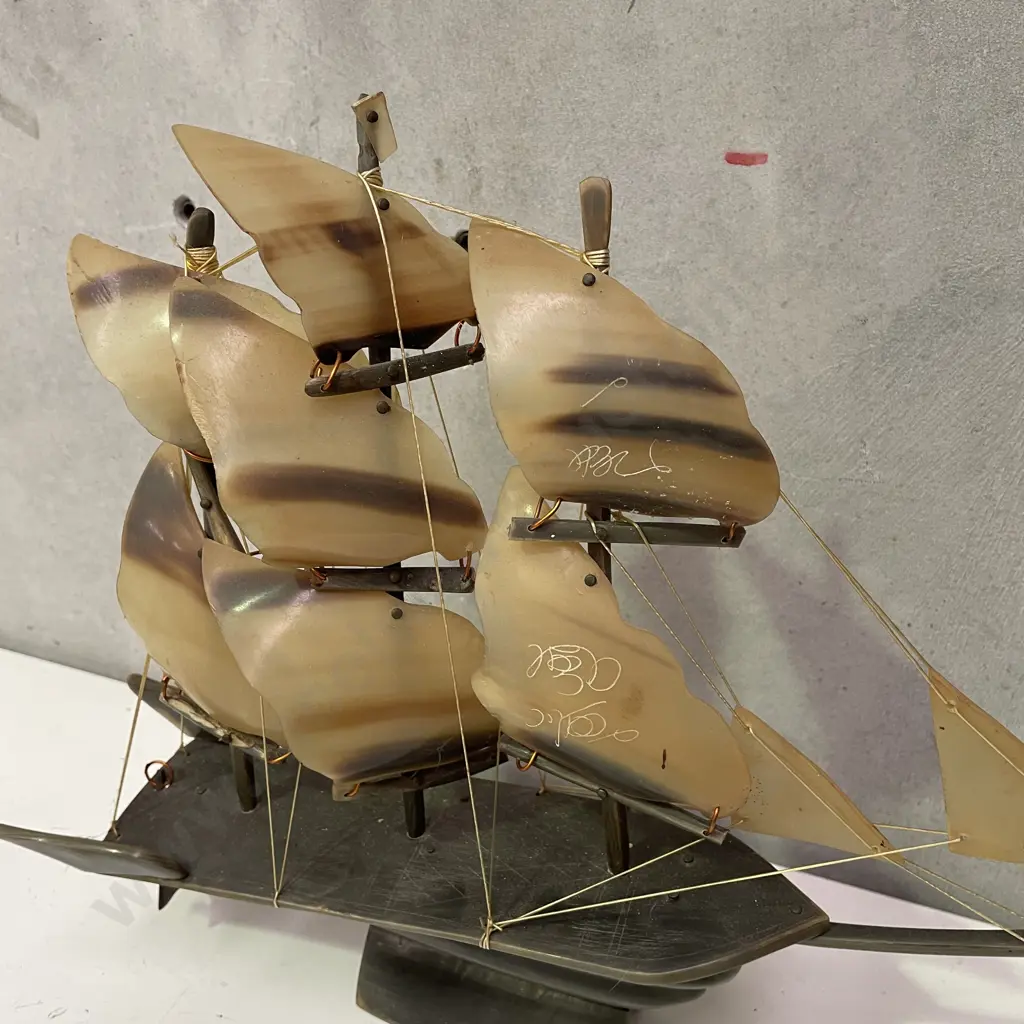 Vintage Carved Horn Sailing Ship. L36 H29cm Image 1++