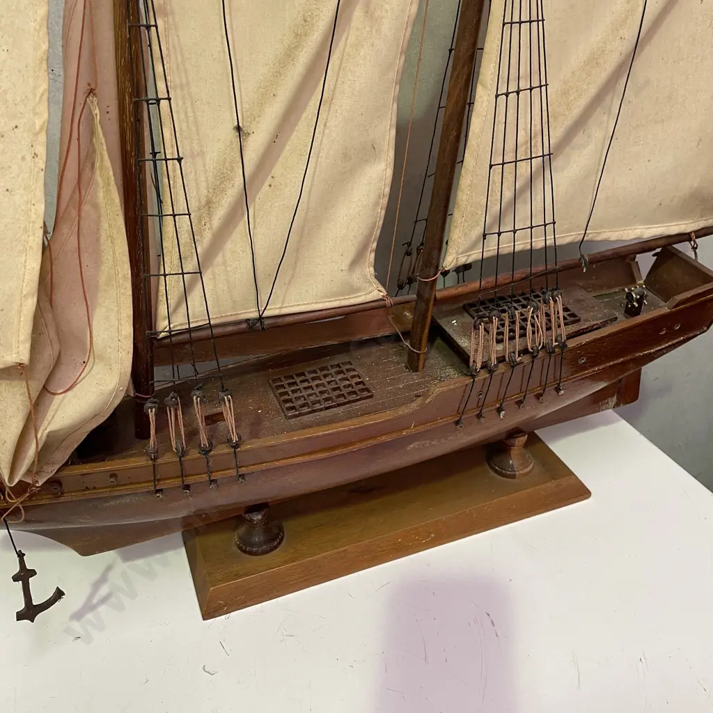 Large Vintage Carved Wooden Sailing Ship on Wooden Plinth. Some repair needed. L63 H67cm Image 1++