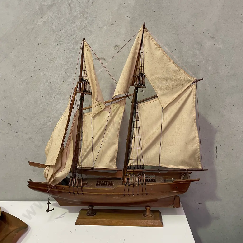 Large Vintage Carved Wooden Sailing Ship on Wooden Plinth. Some repair needed. L63 H67cm Image 1++