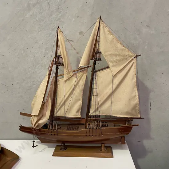 Large Vintage Carved Wooden Sailing Ship on Wooden Plinth. Some repair needed. L63 H67cm