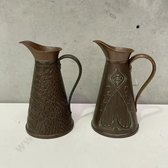 Two JS & S England Art Nouveau Copper Jugs. H21cm