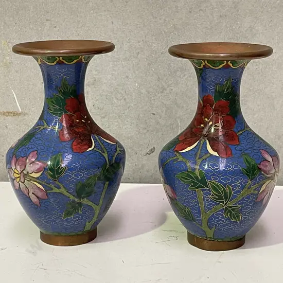 Pair Vintage Cloisonne Vases. H13cm