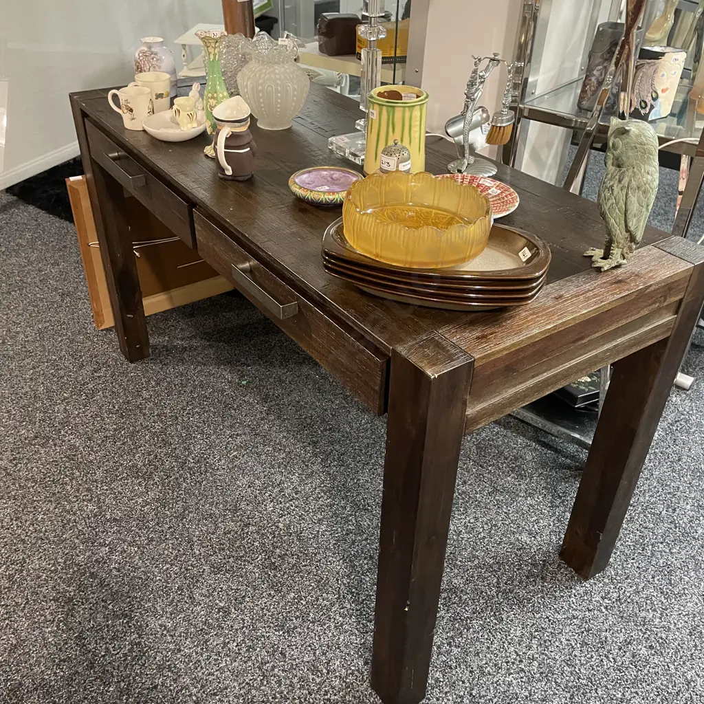 Dark Stained Solid Wood 2 Drawer Desk/Console Table. Image 1++