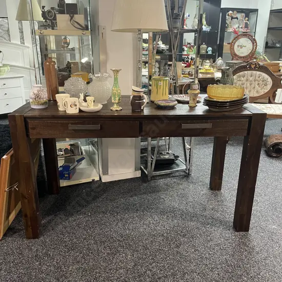 Dark Stained Solid Wood 2 Drawer Desk/Console Table.
