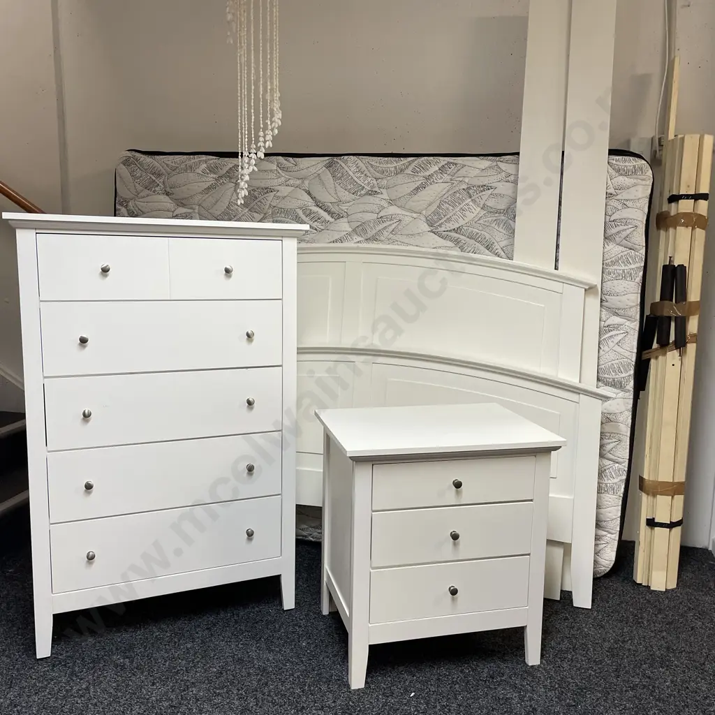 White Painted Modernist Bedroom Suite. Slat Bed with Headboard, footboard and Mattress, Tallboy and Bedside Image 1++
