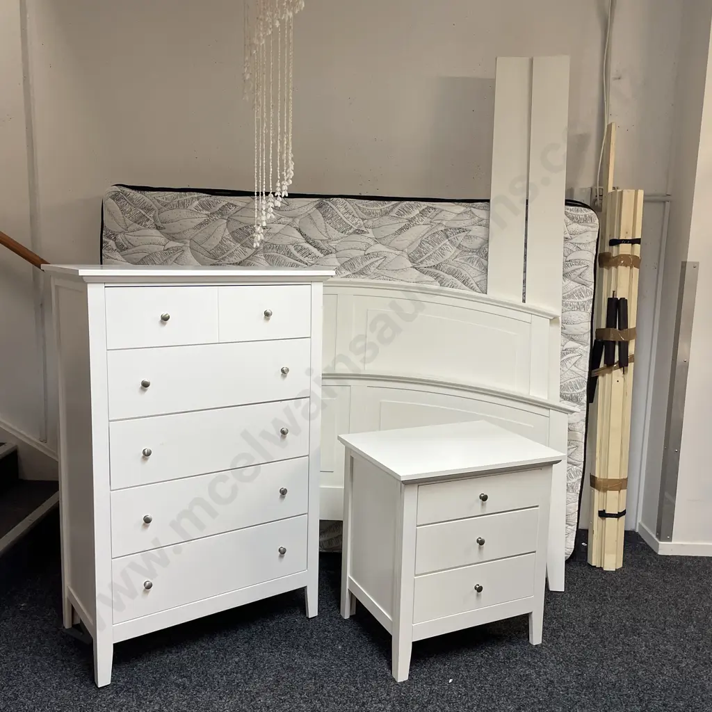 White Painted Modernist Bedroom Suite. Slat Bed with Headboard, footboard and Mattress, Tallboy and Bedside Image 1++