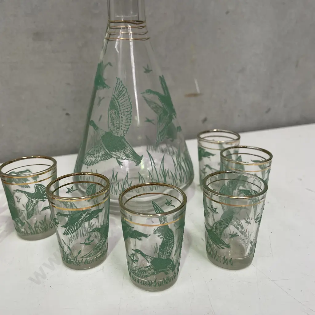 Two 7 Pce Vintage Glass Decanter Sets: Ship and Flying Duck Decoration Image 1++