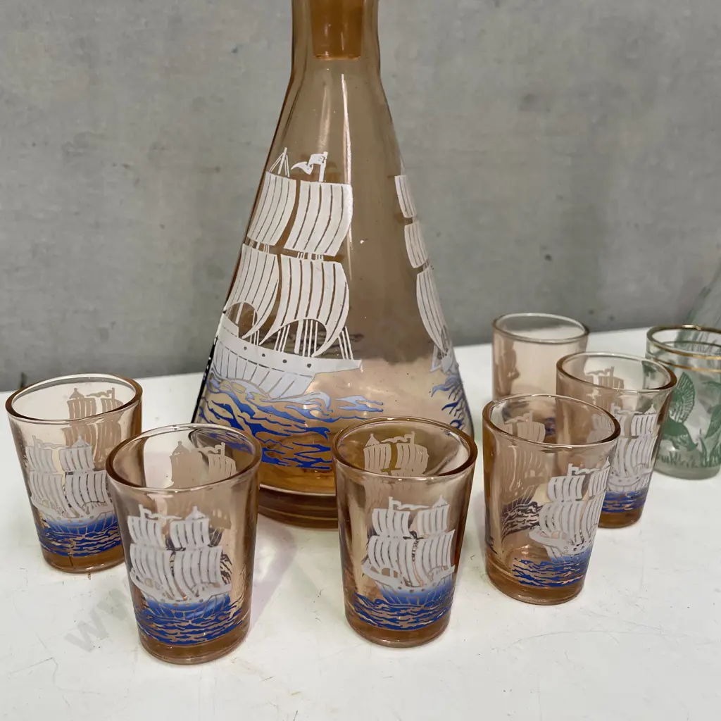 Two 7 Pce Vintage Glass Decanter Sets: Ship and Flying Duck Decoration Image 1++