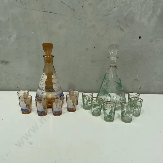 Two 7 Pce Vintage Glass Decanter Sets: Ship and Flying Duck Decoration