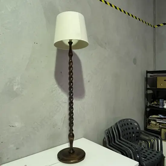 Vintage Solid Mahogany Barley Twist Standard Lamp with Cream fabric shade.