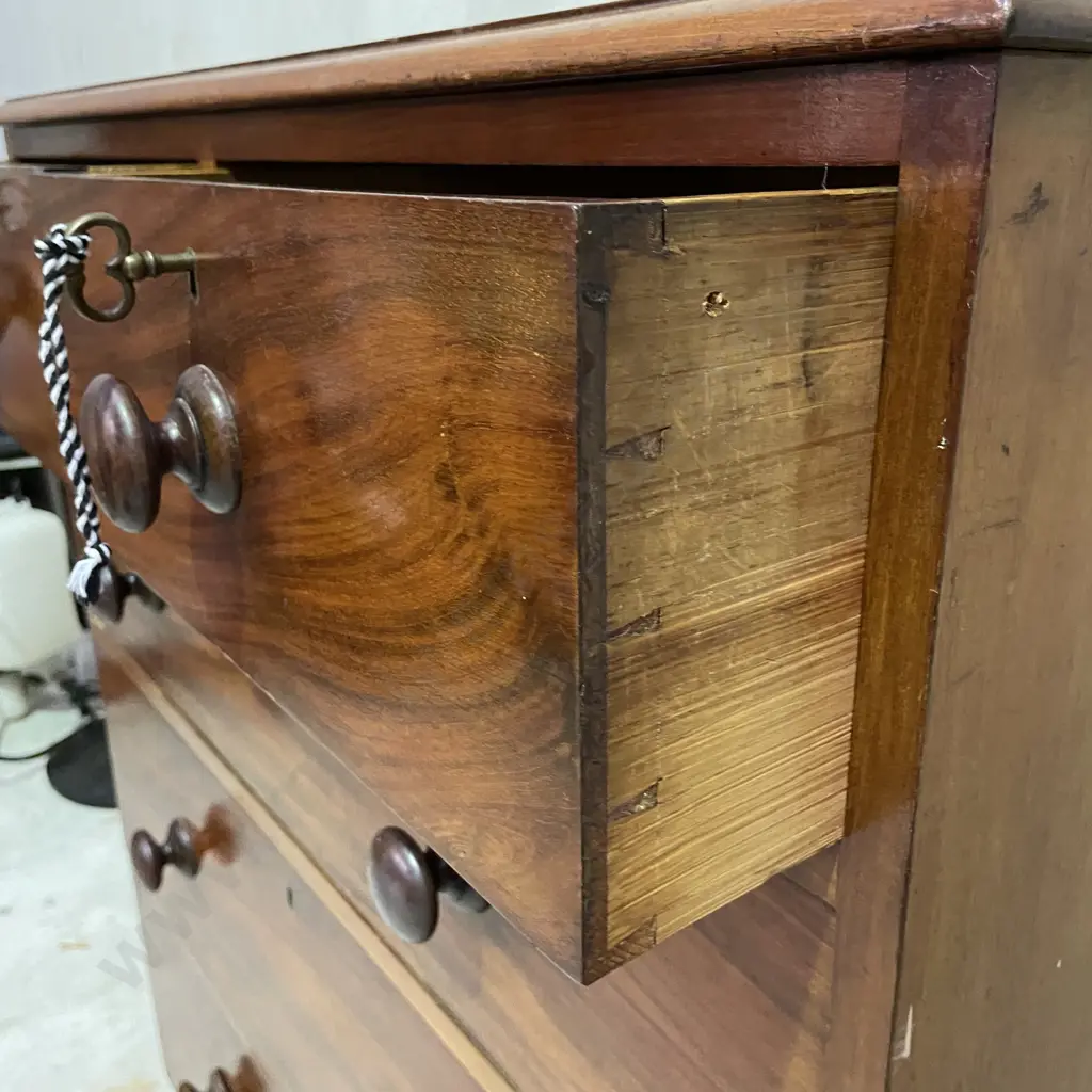 Stunning Antique Flamed Mahogany Victorian 5 Drawer Chest. H116 W95 D50cm Image 1++