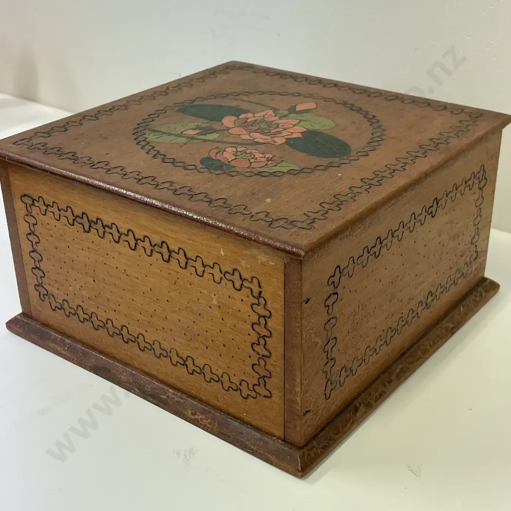 Vintage Poker Work Wooden Box with Lily Decoration. 20 x 20cm, H11cm Image 1++