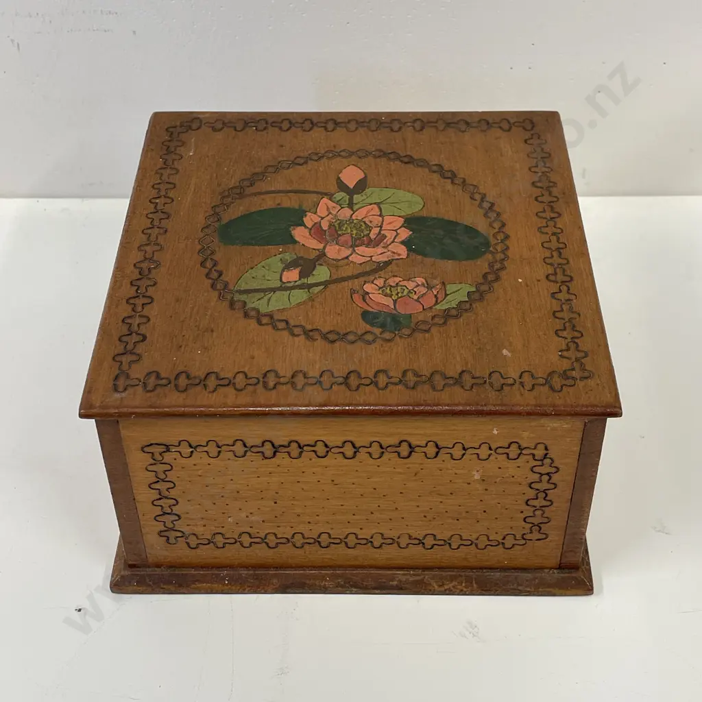 Vintage Poker Work Wooden Box with Lily Decoration. 20 x 20cm, H11cm Image 1++