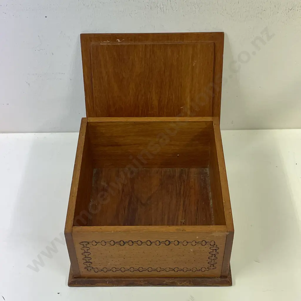 Vintage Poker Work Wooden Box with Lily Decoration. 20 x 20cm, H11cm Image 1++