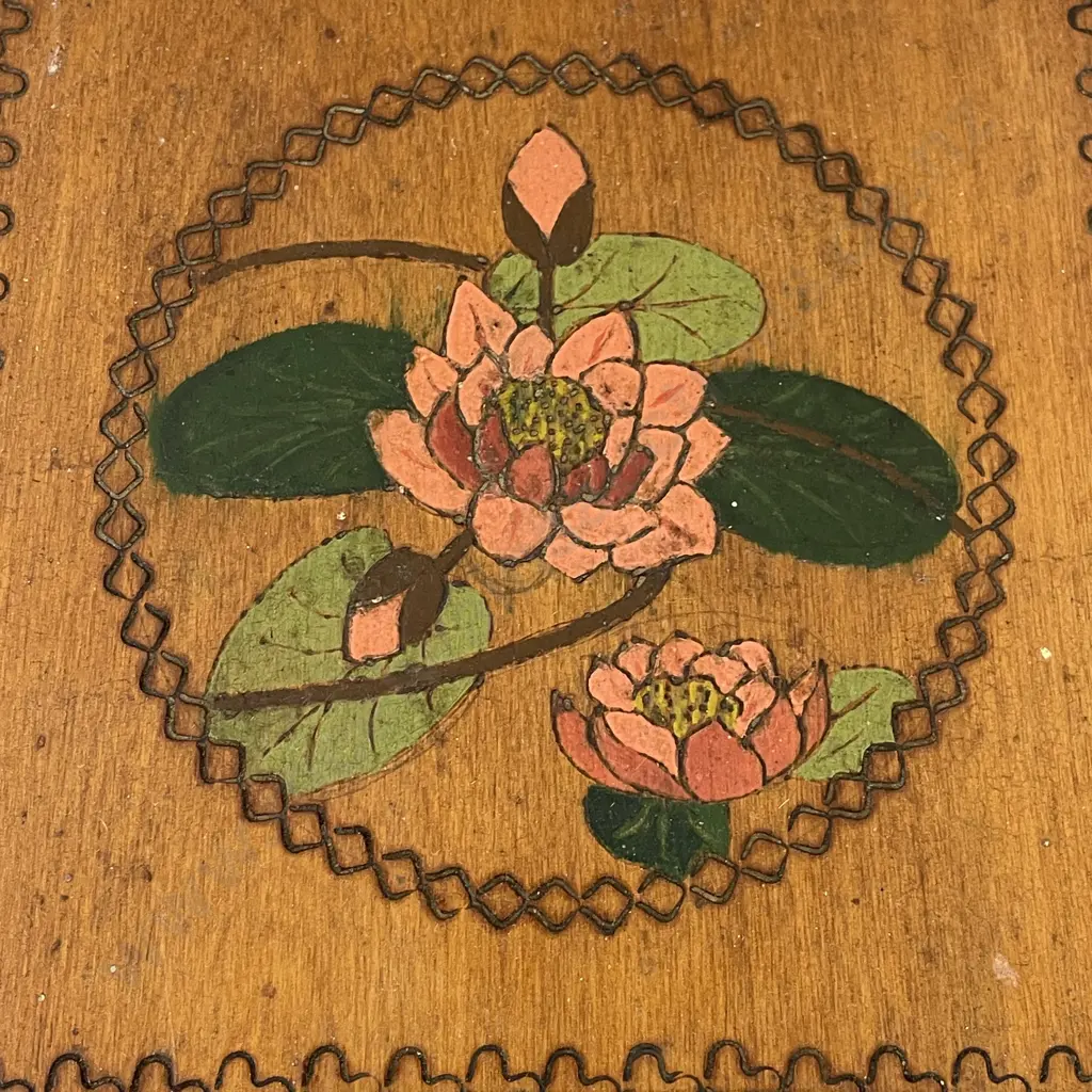 Vintage Poker Work Wooden Box with Lily Decoration. 20 x 20cm, H11cm Image 1++