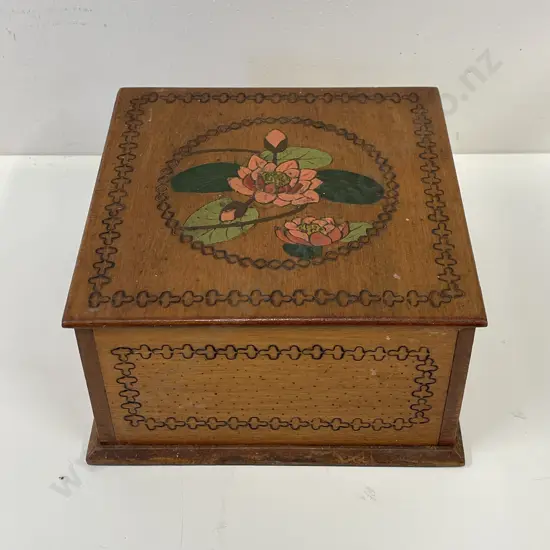 Vintage Poker Work Wooden Box with Lily Decoration. 20 x 20cm, H11cm