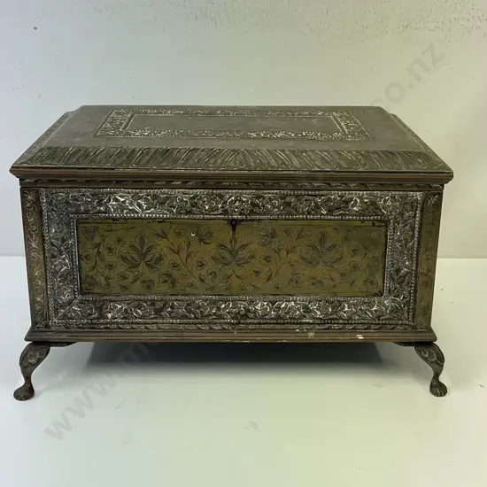 Antique Ornately decorated footed Copper and Brass Box. H16cm 26 x 18cm 