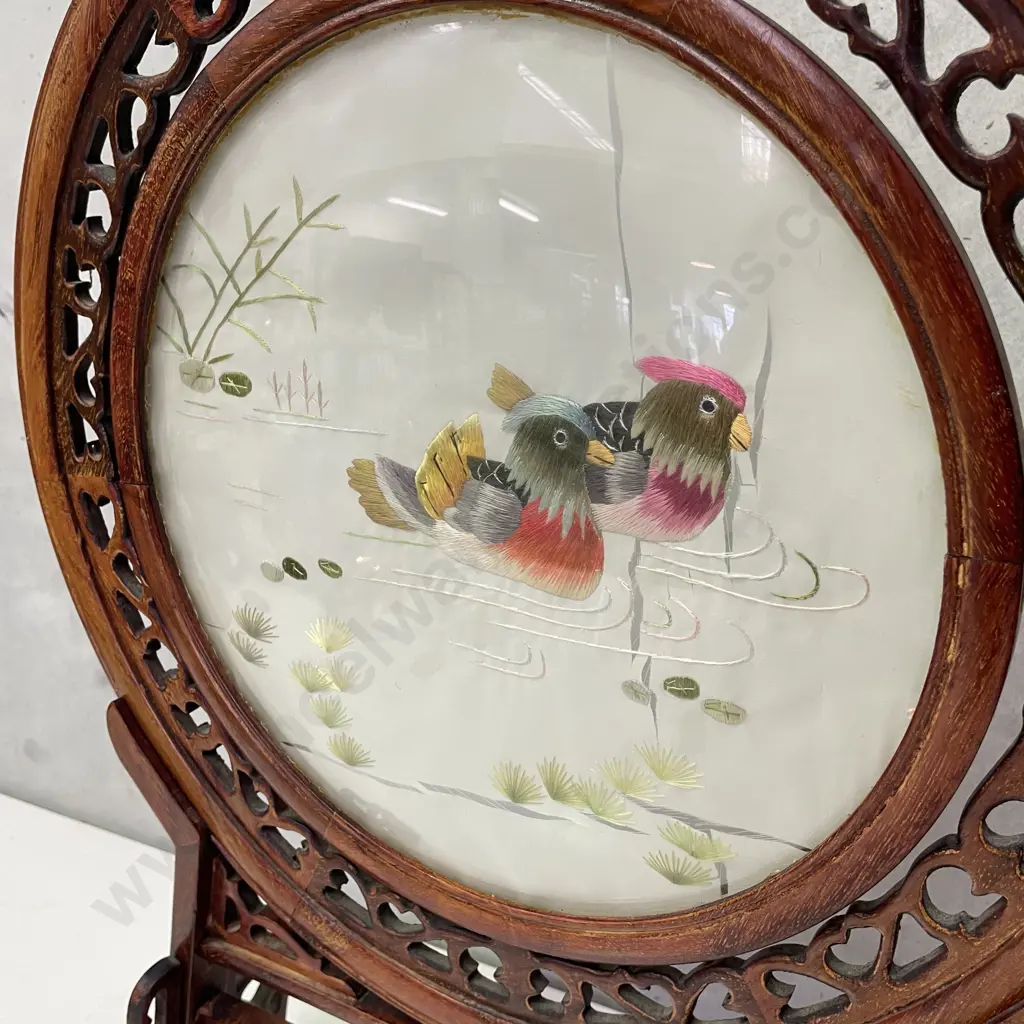Vintage Carved Rosewood Framed Screen with Pivoting Central Silk needlwork Duck theme. H56cm Image 1++